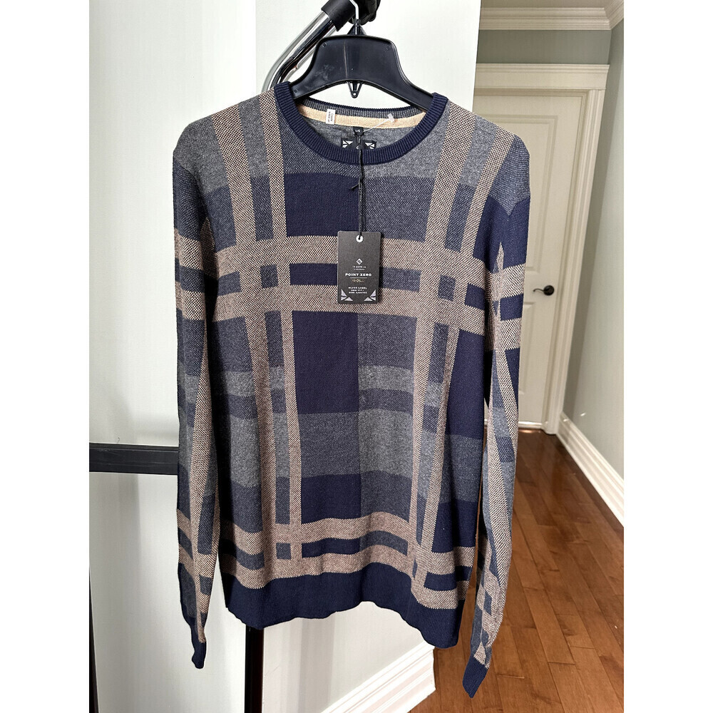 Point Zero Men's Jett Checkered Fine Gauge Cotton Sweater Navy/Oak Size L NWT